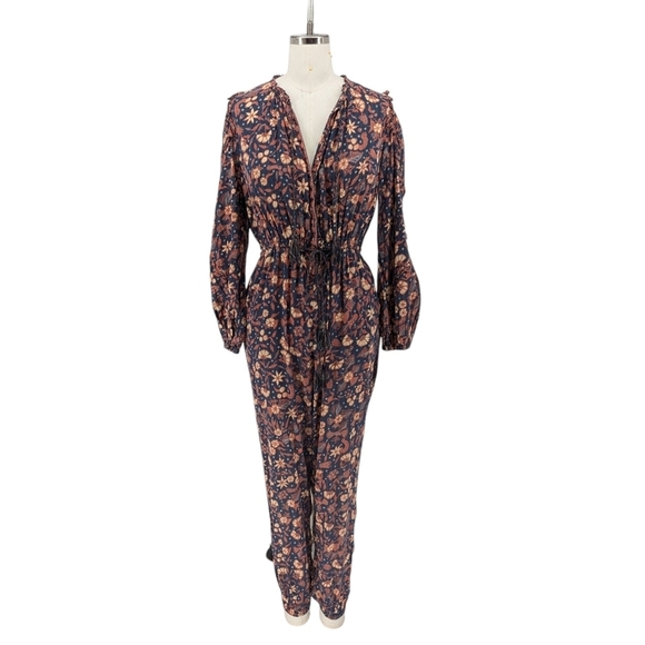 01392 Ulla Johnson Floral Slim Leg Jumpsuit Blue Brown 4 bohemian cottagecore